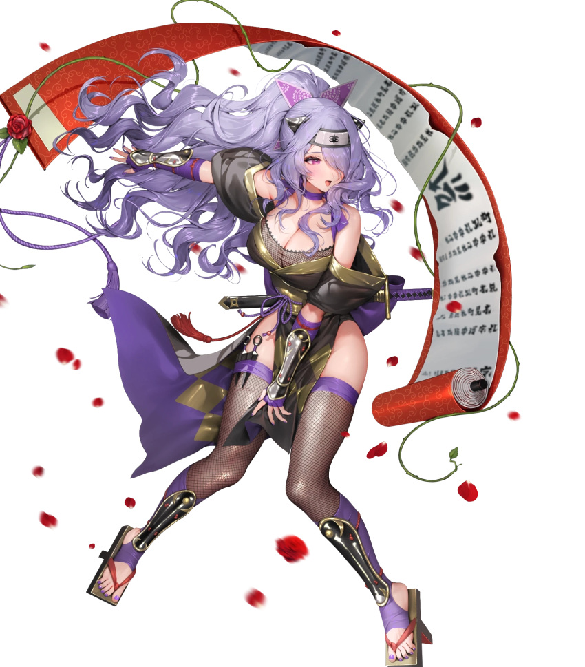 arm_guards bare_shoulders blush breasts camilla_(fire_emblem) camilla_(ninja)_(fire_emblem) choker cleavage elbow_gloves fake_horns feet female fingerless_gloves fire_emblem fire_emblem_fates fire_emblem_heroes fishnets flower geta gloves gold_trim hair_ornament hair_over_one_eye highres holding horns japanese_clothes kunai large_breasts legs long_hair looking_away nail_polish ninja non-web_source official_art open_mouth pelvic_curtain petals purple_eyes purple_hair rose sandals scroll sencha_(senchat) shiny_clothes solo tengu-geta thighhighs thighs toenail_polish toenails toes transparent_background weapon