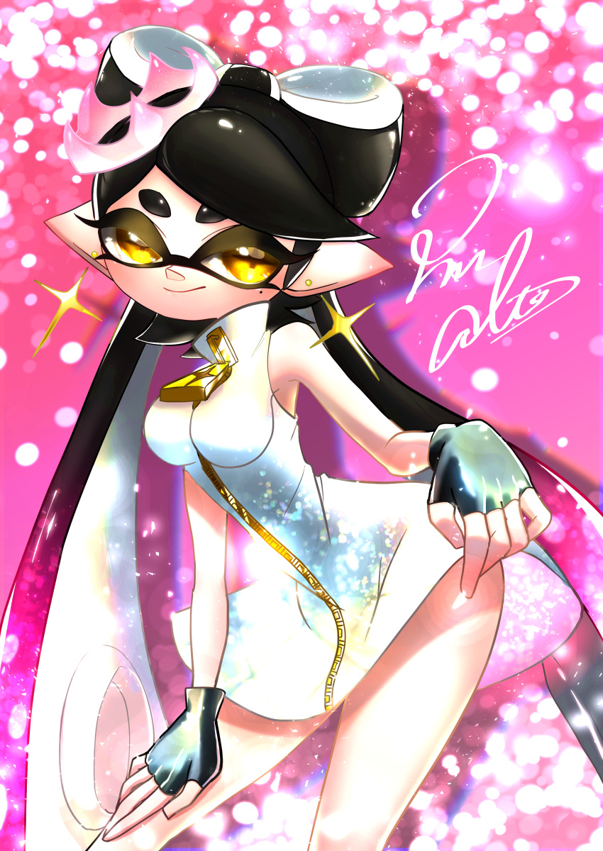 +_+ absurdres altoooooon artist_name black_gloves black_hair callie_(splatoon) closed_mouth clothes_lift commentary_request cosplay crown dress dress_lift earrings female fingerless_gloves gloves hand_on_own_thigh high_collar highres inkling jewelry leaning_forward lifting_own_clothes light_particles long_hair looking_at_viewer mole mole_under_eye partial_commentary pearl_(splatoon) pearl_(splatoon)_(cosplay) pink_background pointy_ears purple_hair short_dress signature sleeveless sleeveless_dress smile solo sparkle splatoon_(series) splatoon_2 standing star_(symbol) star_earrings swept_bangs tentacle_hair tied_hair tilted_headwear very_long_hair white_dress white_headwear yellow_eyes zipper_pull_tab