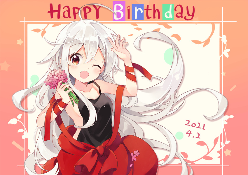 ahoge backless_outfit bare_shoulders birthday blush breasts chinese_commentary chiya_(urara_meirochou) commentary_request female flower framed hair_between_eyes halterneck hand_up holding holding_flower ka_zhi long_hair looking_at_viewer medium_breasts mixed-language_commentary one_eye_closed open_mouth red_eyes red_skirt skirt solo urara_meirochou white_hair