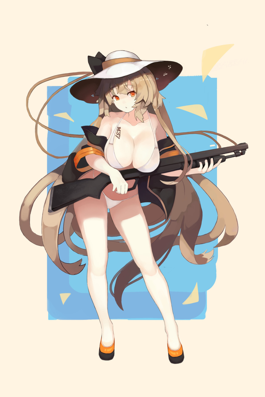 :o absurdres bare_shoulders bikini black_jacket breasts cleavage clothes_pull collarbone commentary_request female full_body girls'_frontline gun halterneck highres holding holding_gun holding_weapon jacket jacket_pull jonbur_man korean_commentary large_breasts light_brown_hair long_hair looking_at_viewer m37_(girls'_frontline) m37_(summer_parader)_(girls'_frontline) official_alternate_costume open_mouth red_eyes shoes shotgun simple_background solo standing string_bikini swimsuit weapon white_bikini white_headwear