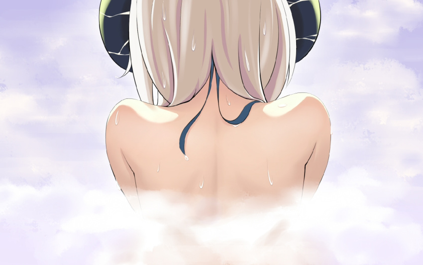 back bare_shoulders blue_ribbon chinese_commentary ciyana female from_behind highres horns ikakun indie_virtual_youtuber ribbon solo steam upper_body virtual_youtuber wet white_hair