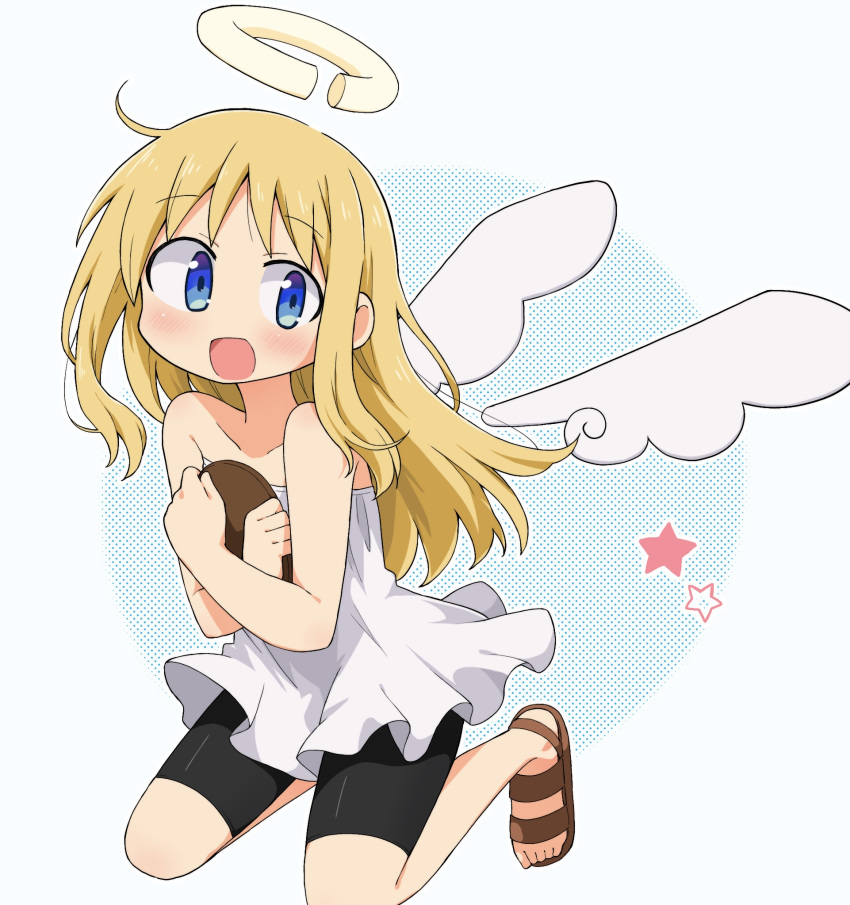 1other :d angel angel_wings bare_arms black_shorts blonde_hair blue_eyes blush broken_halo collarbone crimvael dress halo highres holding ishuzoku_reviewers long_hair off-shoulder_dress off_shoulder open_mouth richard_(richaball) sandals shorts smile solo white_dress white_wings wings