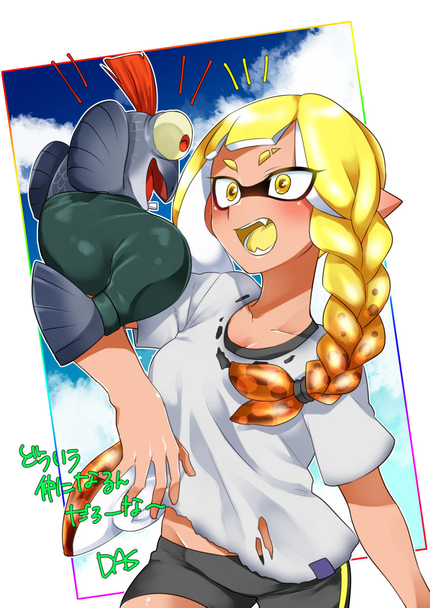 :d agent_3_(splatoon_3) ak/si arm_at_side asymmetrical_hair bike_shorts blonde_hair blue_sky blunt_bangs blush braid breasts bulging_eyes cleavage cloud collarbone colored_sclera colored_tongue eyebrow_cut female gradient_hair groin hair_tie highres inkling inkling_girl inkling_player_character long_hair medium_breasts multicolored_hair oerba_yun_fang open_mouth orange_hair pointy_ears salmonid shirt short_sleeves single_braid single_tooth single_vertical_stripe sky smallfry_(splatoon) smile splatoon_(series) splatoon_3 suction_cups t-shirt teeth tentacle_hair torn_clothes torn_shirt two-tone_hair very_long_hair white_shirt yellow_sclera yellow_tongue