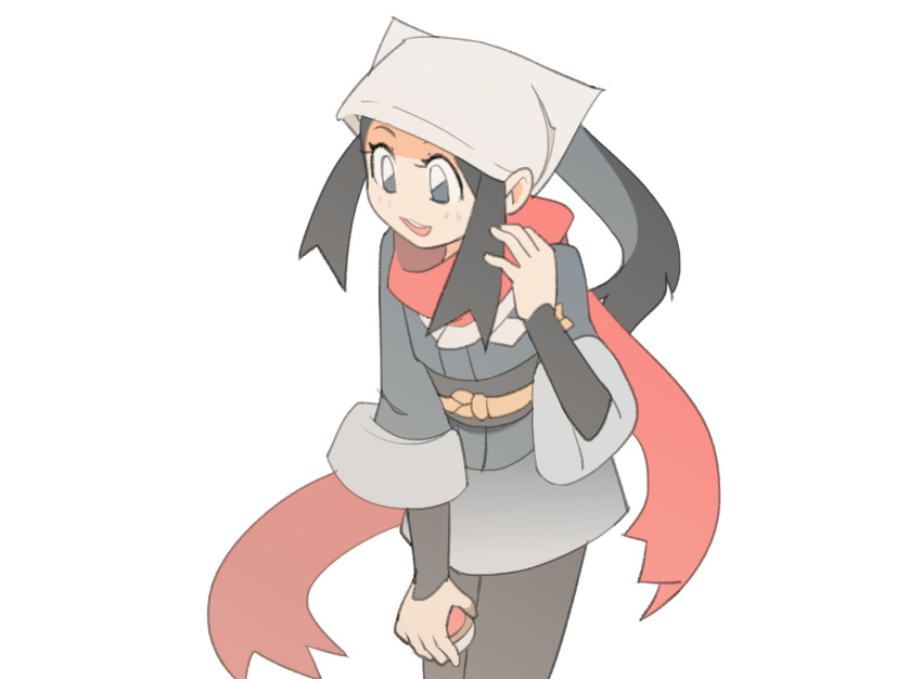 :d akari_(pokemon) black_hair commentary cowboy_shot english_commentary female galaxy_expedition_team_survey_corps_uniform head_scarf highres holding holding_poke_ball looking_to_the_side open_mouth poke_ball poke_ball_(legends) pokemon pokemon_legends:_arceus ponytail red_scarf scarf simple_background smile solo standing temmie_chang white_background