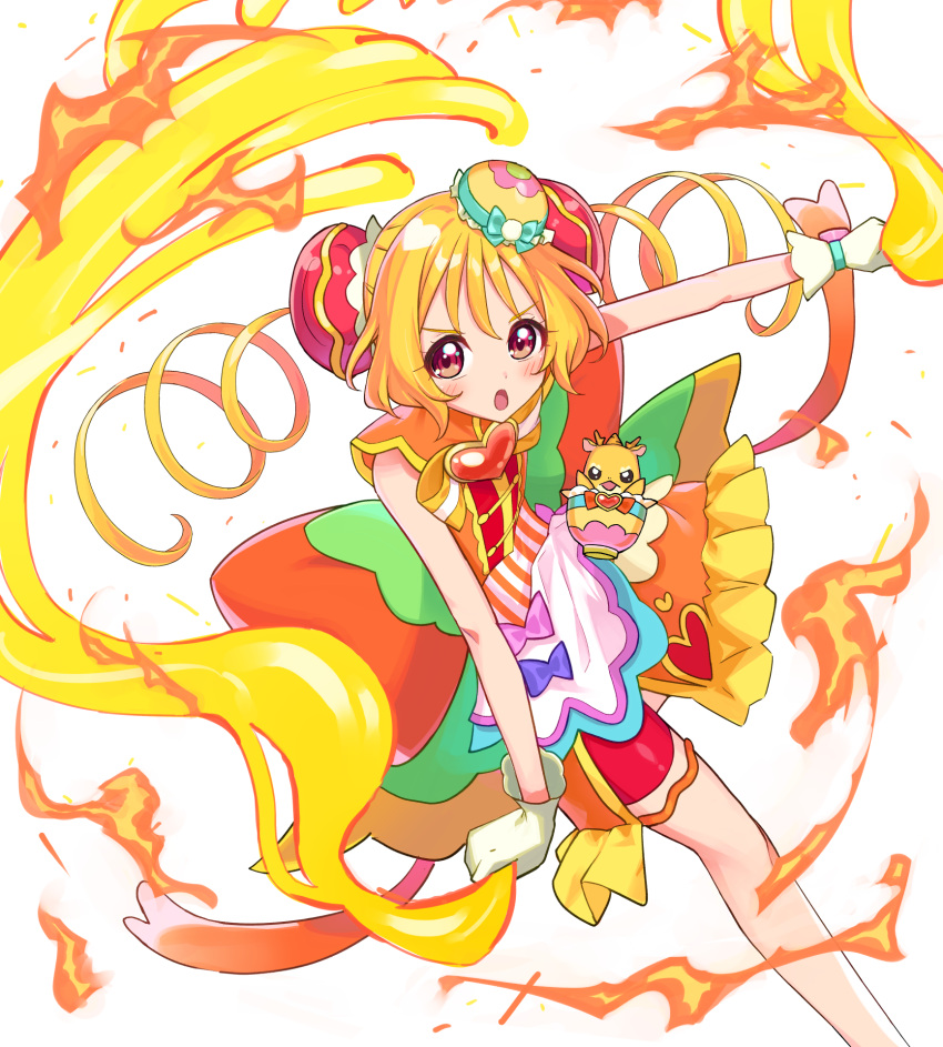 :o apron back_bow bike_shorts bow brooch bun_cover creature cure_yum-yum delicious_party_precure drill_hair female fire gloves green_bow hanamichi_ran hat hat_bow heart heart_brooch highres huge_bow ishidai_(ishidai4682) jewelry long_hair looking_at_viewer magical_girl mem-mem_(precure) mini_hat open_mouth orange_bow precure red_eyes red_shorts serious shorts shorts_under_skirt striped striped_bow twin_drills white_background white_gloves