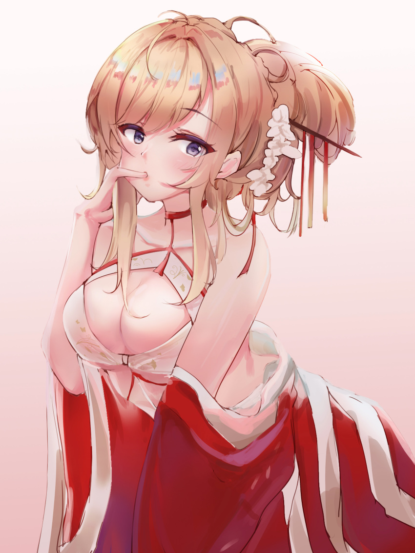 absurdres azur_lane bare_shoulders blonde_hair breasts chinese_clothes chinese_new_year choker cleavage cleavage_cutout clothing_cutout commentary dress female flower glorious_(azur_lane) glorious_(pungent_plum)_(azur_lane) hair_flower hair_ornament hair_stick highres large_breasts official_alternate_costume open_clothes open_dress pink_background purple_eyes red_choker red_dress simple_background solo tied_hair usagi_(786113654) white_flower wide_sleeves