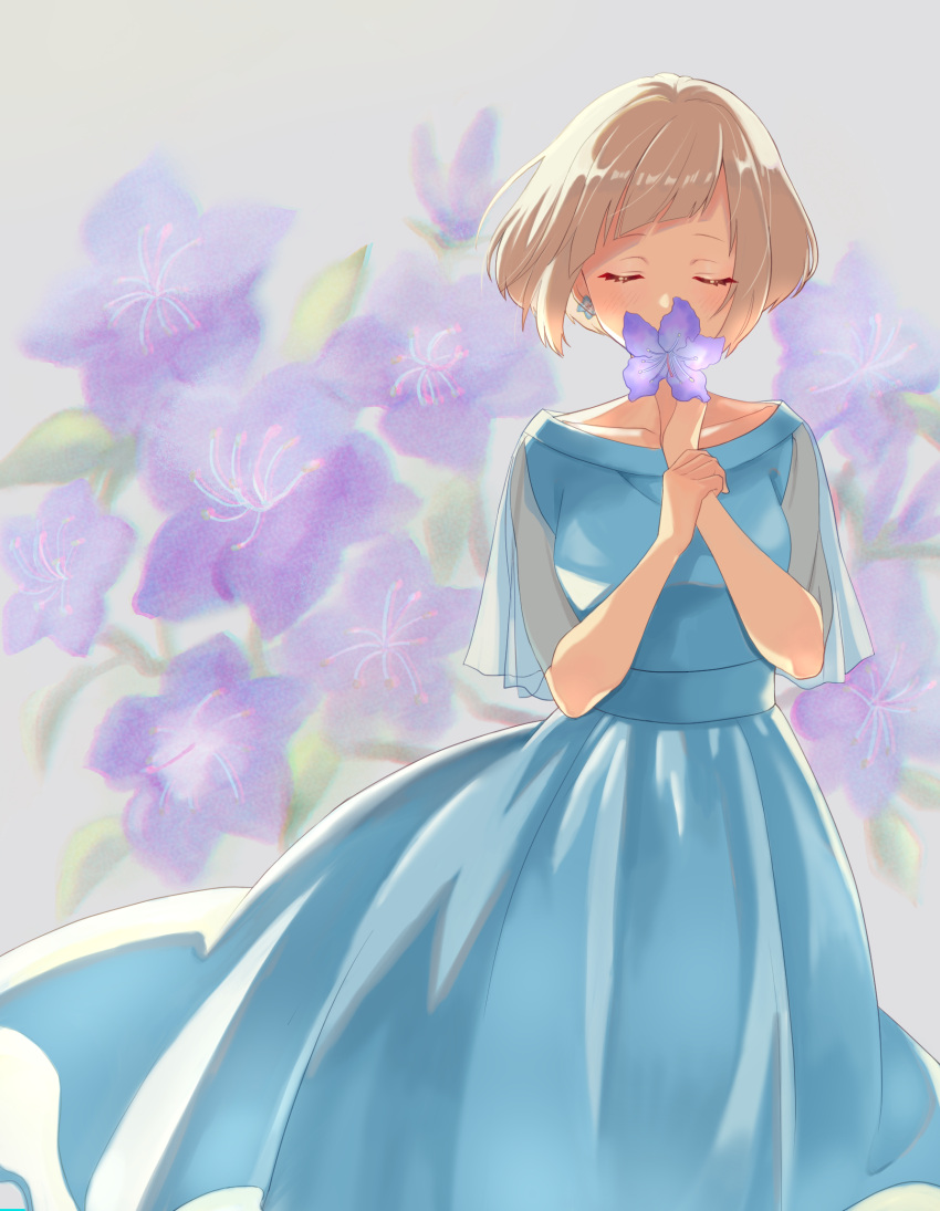 azalea_(flower) blue_dress blush bob_cut closed_eyes collarbone commentary_request covered_mouth dress etra-chan_wa_mita! facing_viewer female floral_background flower flower_over_mouth hand_on_own_arm highres holding holding_flower holding_own_wrist light_brown_hair long_dress name_connection nyako_(lhq3p) object_namesake purple_flower short_hair short_sleeves solo tsutsuji_(etra-chan_wa_mita!)