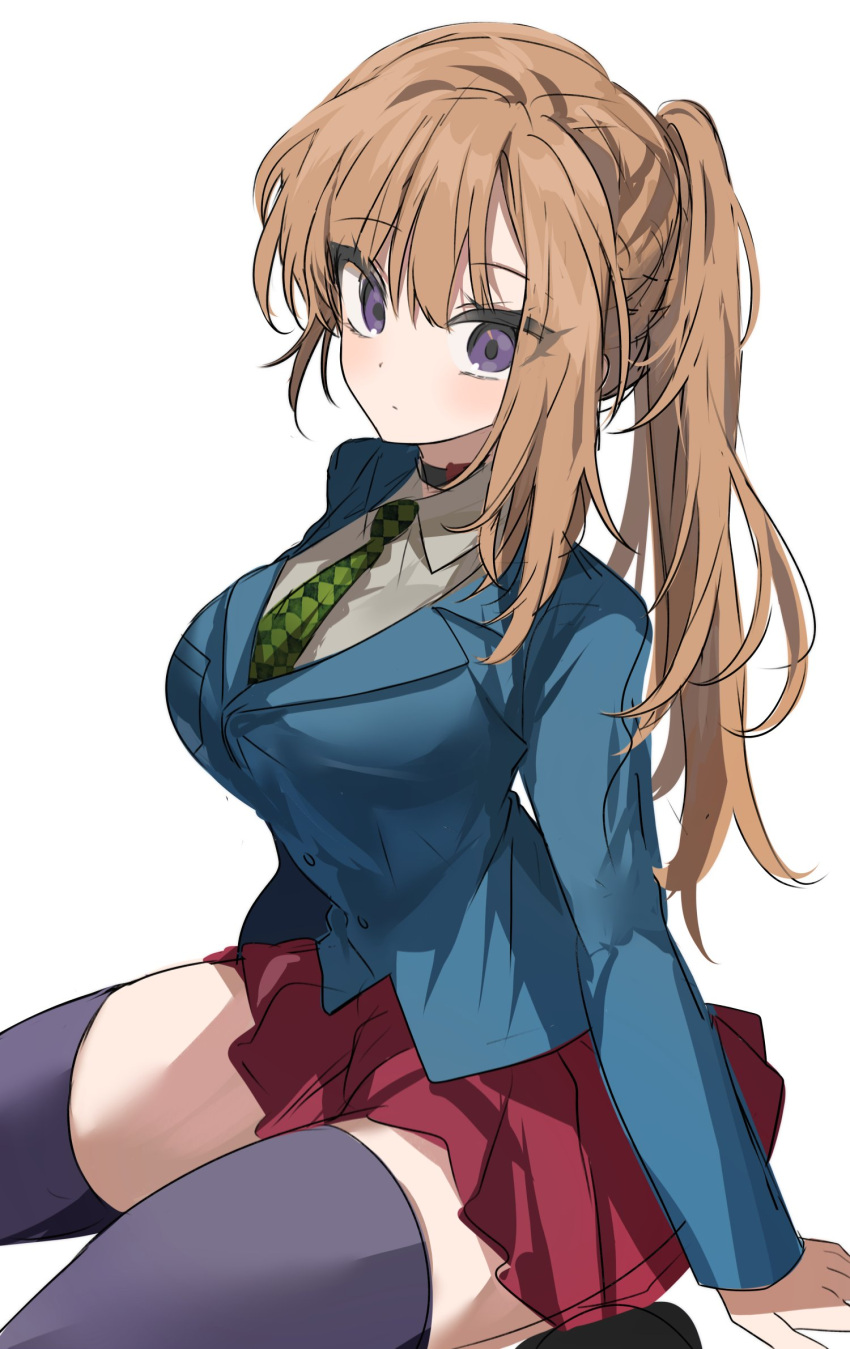 argyle_clothes argyle_necktie blazer blue_jacket braid breasts brown_hair chidouin_sara chu_yeon female green_necktie high_ponytail highres jacket kimi_ga_shine large_breasts long_hair looking_at_viewer necktie pleated_skirt purple_eyes purple_thighhighs red_skirt school_uniform sitting skirt solo sonobeno_school_uniform thighhighs very_long_hair wariza