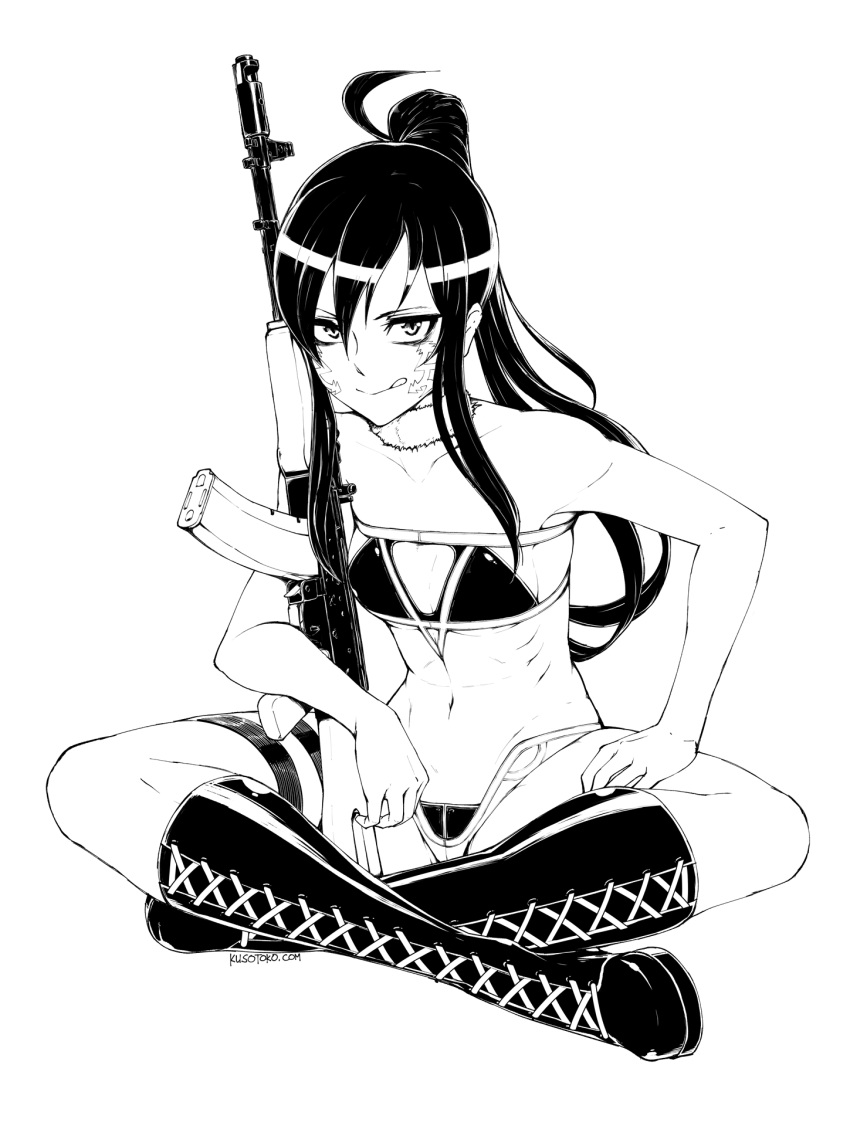 ak-74 assault_rifle bikini boots breasts clip_studio_paint_(medium) cross-laced_footwear english_commentary female greyscale gun highres holding holding_gun holding_weapon indian_style kalashnikov_rifle knee_boots kuso_otoko lace-up_boots licking_lips long_hair monochrome pitohui_(sao) ponytail rifle sitting small_breasts smile solo swimsuit sword_art_online sword_art_online_alternative:_gun_gale_online tongue tongue_out weapon white_background