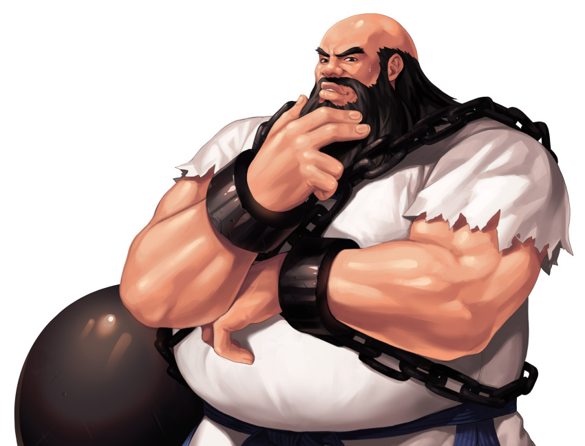 1boy bald ball_and_chain_(weapon) beard biceps black_eyes chang_koehan commentary_request cuffs dobok evilgun facial_hair fat fat_man fingernails hand_on_own_chin hand_up highres lips long_sideburns looking_at_viewer male_focus metal_ball moustache muscular muscular_male parted_lips shackles short_sleeves sideburns simple_background solo stroking_own_chin sweatdrop teeth the_king_of_fighters the_king_of_fighters_'97 thick_eyebrows upper_body white_background