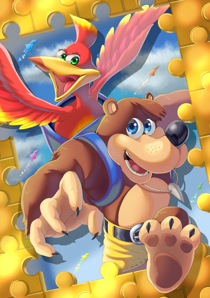 1boy :d absurdres backpack bag banjo-kazooie banjo_(banjo-kazooie) bear bird blue_eyes brown_hair cloud day feathers female green_eyes happy highres in_bag in_container jinjo kazooie_(banjo-kazooie) looking_at_viewer open_mouth puzzle_piece shadow sky smile sumaboooo teeth wings