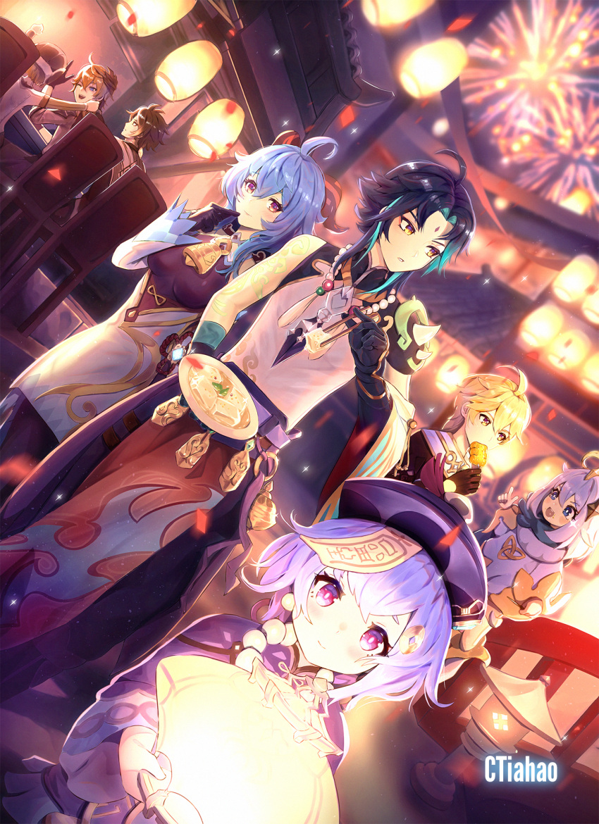 3girls 4boys aether_(genshin_impact) aqua_hair artist_name black_gloves black_hair blonde_hair blue_eyes blue_hair breasts brown_hair colored_inner_hair ctiahao fairy fireworks floating ganyu_(genshin_impact) genshin_impact gloves highres holding holding_lantern lantern mask mask_on_head medium_breasts multicolored_hair multiple_boys multiple_girls one_eye_closed open_mouth paimon_(genshin_impact) purple_eyes purple_hair qiqi_(genshin_impact) romper short_hair sitting tartaglia_(genshin_impact) v-shaped_eyebrows white_hair white_romper xiao_(genshin_impact) zhongli_(genshin_impact)