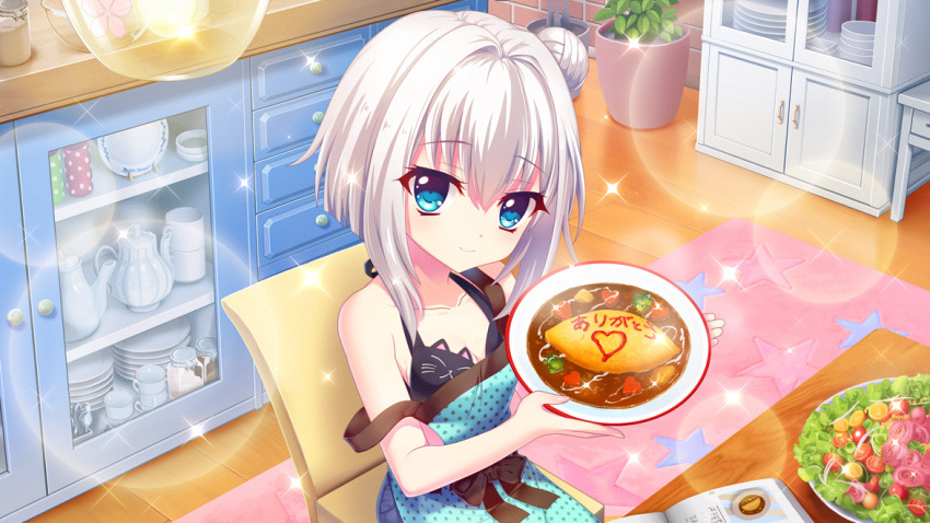 apron bikini black_bikini blue_apron blue_eyes book breasts brick_wall cabinet cleavage closed_mouth collarbone denim dot_nose female film_grain food from_above game_cg hair_bun heart holding holding_plate izumi_tsubasu lens_flare looking_at_viewer nishidate_haku non-web_source official_art omelet omurice open_book plant plate polka_dot polka_dot_apron potted_plant re:stage! rug salad short_hair sidelocks single_side_bun small_breasts smile solo sparkle star_(symbol) strap_slip swimsuit teapot thank_you translated white_hair wooden_floor