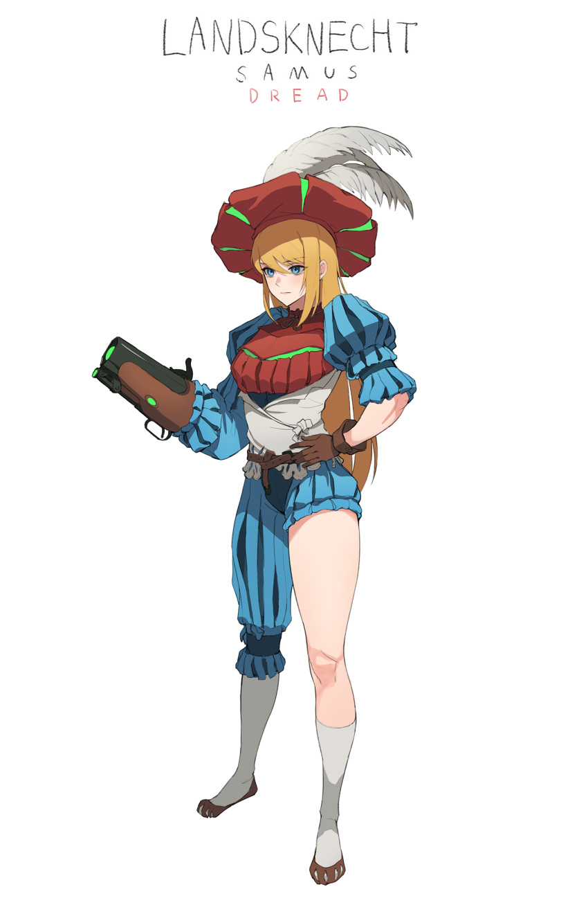 adapted_costume arm_cannon asymmetrical_legwear asymmetrical_sleeves beret blonde_hair blue_eyes breasts codpiece commentary dutch_text english_commentary female formal gloves glowing gun hat highres jason_kim landsknecht long_hair looking_at_viewer medieval metroid metroid_dread mole mole_under_mouth ponytail samus_aran simple_background single_glove socks solo weapon