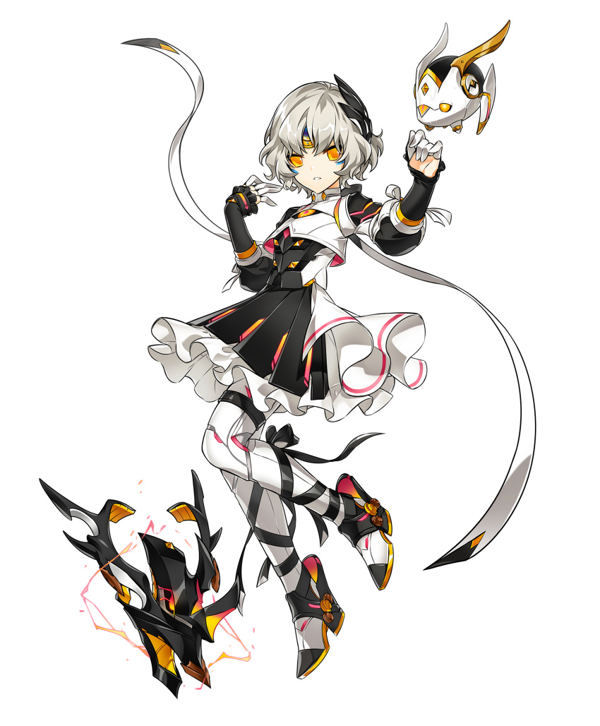 android artist_request code:_failess_(elsword) drone earpiece elsword eve_(elsword) facial_mark female finger_cots floating forehead_jewel frills full_body highres leg_ribbon looking_at_viewer moby_(elsword) official_art remy_(elsword) ribbon short_hair transparent_background wavy_hair