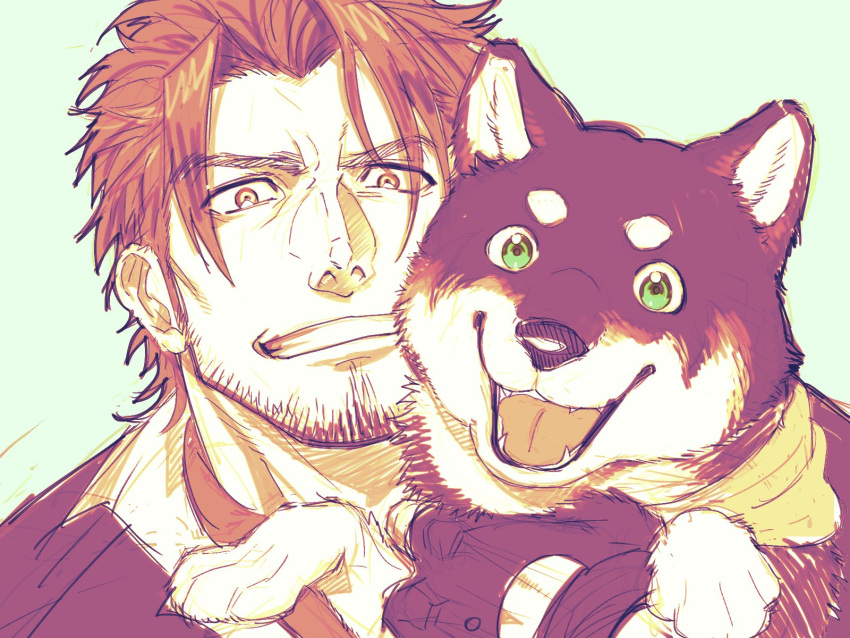 1boy :d animal bandana belmond_banderas black_jacket brown_eyes brown_hair canine commentary_request facial_hair green_background green_eyes grin highres jacket kuroi_shiba looking_at_viewer male_focus nijisanji open_mouth shiba_inu short_eyebrows simple_background smile stubble thick_eyebrows upper_body virtual_youtuber yakisoba_ohmori