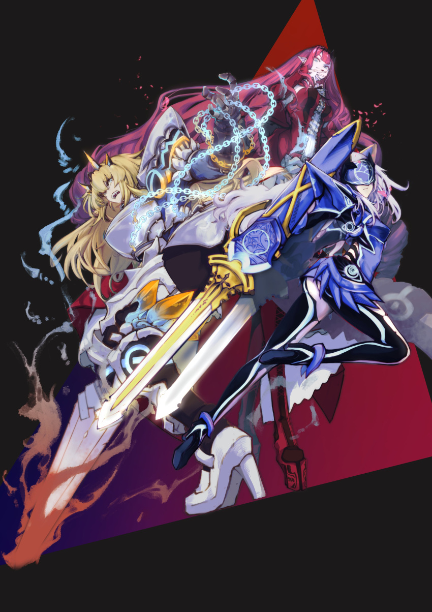 3girls absurdres armor baobhan_sith_(fate) baobhan_sith_(first_ascension)_(fate) barghest_(fate) barghest_(first_ascension)_(fate) blonde_hair chains dress drill_hair fangs fate/grand_order fate_(series) flaming_sword flaming_weapon gauntlets high_heels highres kanbara_erika licking_lips long_hair mask melusine_(fate) melusine_(first_ascension)_(fate) multiple_girls pale_skin pink_hair pointy_ears red_dress thighhighs tongue tongue_out very_long_hair white_hair