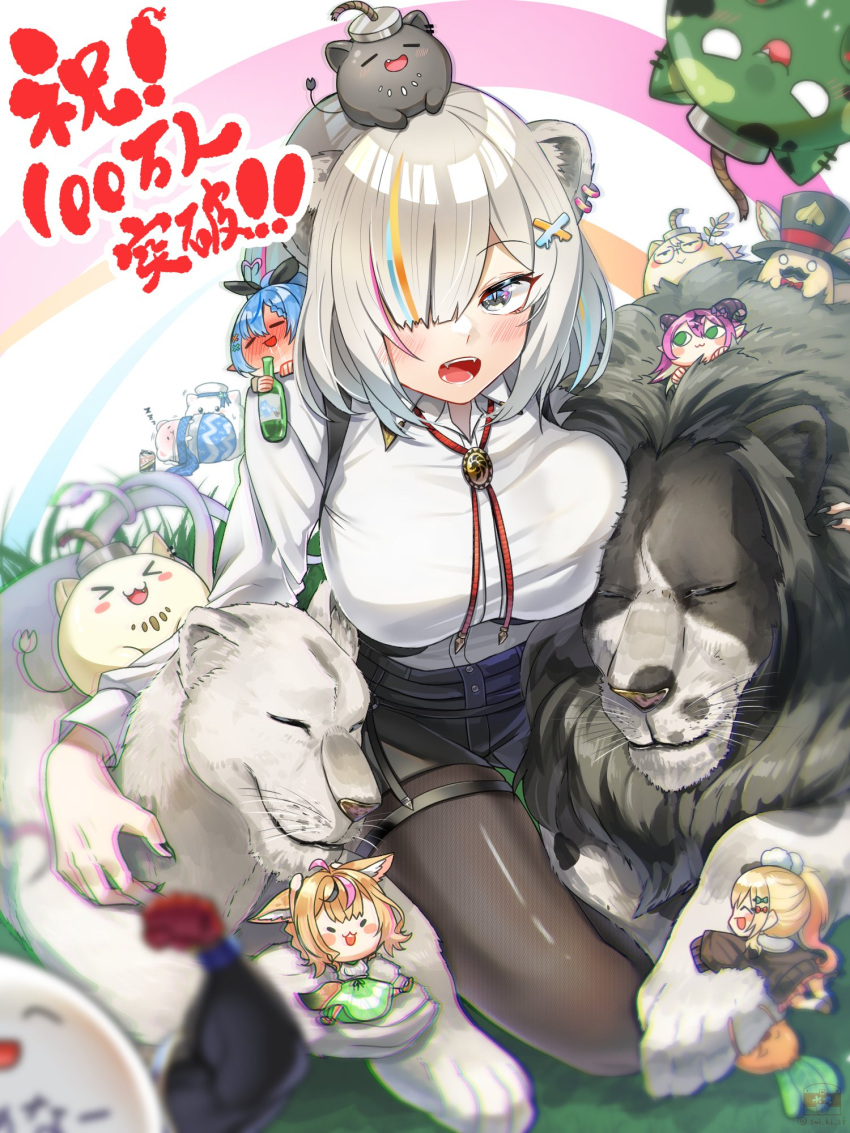 5girls animal_ears black_nails black_pantyhose black_shorts blush breasts collared_shirt daifuku_(yukihana_lamy) drunk ear_piercing fangs grey_eyes grey_hair hair_ornament hair_over_one_eye hairclip highres holofive hololive large_breasts lion lion_ears lion_girl lioness long_hair long_sleeves mano_aloe milestone_celebration momosuzu_nene momosuzu_nene_(casual) multicolored_hair multiple_girls nekko_(momosuzu_nene) official_alternate_costume official_alternate_hairstyle omaru_polka omaru_polka_(street_casual) open_mouth pantyhose piercing shirt shishiro_botan shishiro_botan_(button-down) short_hair shorts sitting smile solo_focus ssrb_(shishiro_botan) streaked_hair sui_hi_sf virtual_youtuber white_shirt x_hair_ornament yukihana_lamy yukimin_(yukihana_lamy) zain_(omaru_polka) zzz