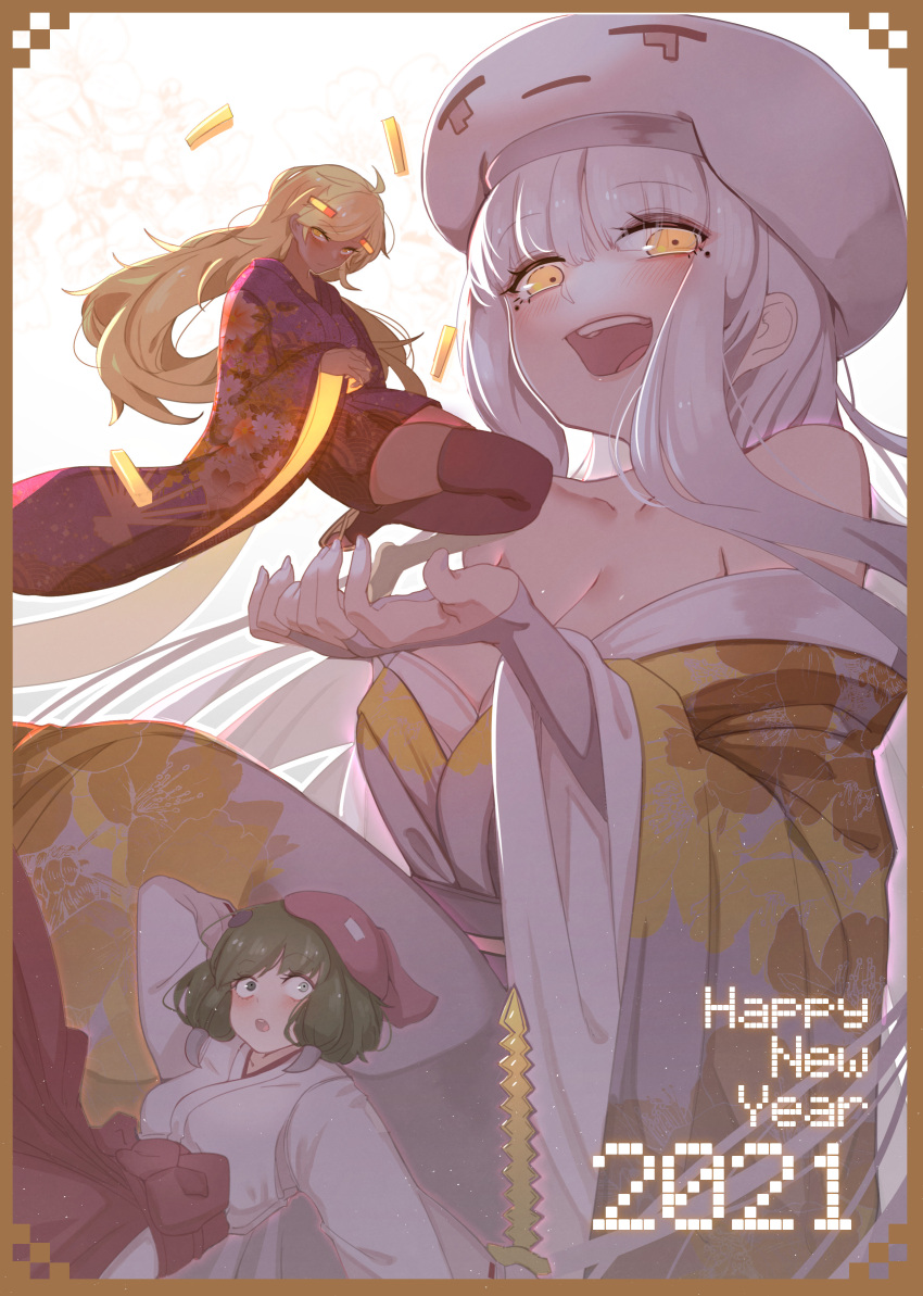 2021 3girls absurdres at2. bare_shoulders beret blaze_(minecraft) blaze_rod blonde_hair blush border breasts check_commentary cleavage commentary_request dark-skinned_female dark_skin ghast giant giantess glowing golden_sword green_hair hair_ornament happy_new_year hat heterochromia highres japanese_clothes kimono long_hair long_sleeves looking_at_viewer minecraft mole mole_under_eye multiple_girls new_year obi open_mouth personification sash short_hair teeth thighhighs upper_teeth_only very_long_hair white_headwear white_kimono wide_sleeves yellow_eyes zombie_pigman