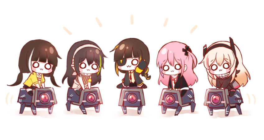 5girls absurdres anti-rain_(girls'_frontline) black_hair blonde_hair braid braided_ponytail chibi commentary commentary_request dinergate_(girls'_frontline) eyepatch girls'_frontline headphones highres honyang jacket korean_commentary long_hair m16a1_(girls'_frontline) m4_sopmod_ii_(girls'_frontline) m4_sopmod_ii_jr m4a1_(girls'_frontline) multiple_girls necktie non-humanoid_robot o_o pink_hair riding ro635_(girls'_frontline) robot sangvis_ferri smile st_ar-15_(girls'_frontline)