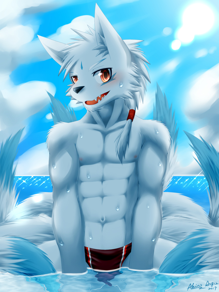 3:4 abs absurd_res akino-kamihara akino_(akino-kamihara) anthro blush clothing cloud dipstick_tail facial_markings fur generation_1_pokemon hair head_markings hi_res looking_at_viewer male markings multi_tail muscular muscular_anthro muscular_male ninetales nintendo nipples orange_eyes outside partially_submerged pokemon pokemon_(species) ponytail ponytail_over_shoulder shiny_pokemon solo speedo sun swimwear swimwear_only tail tail_markings wet white_body white_fur