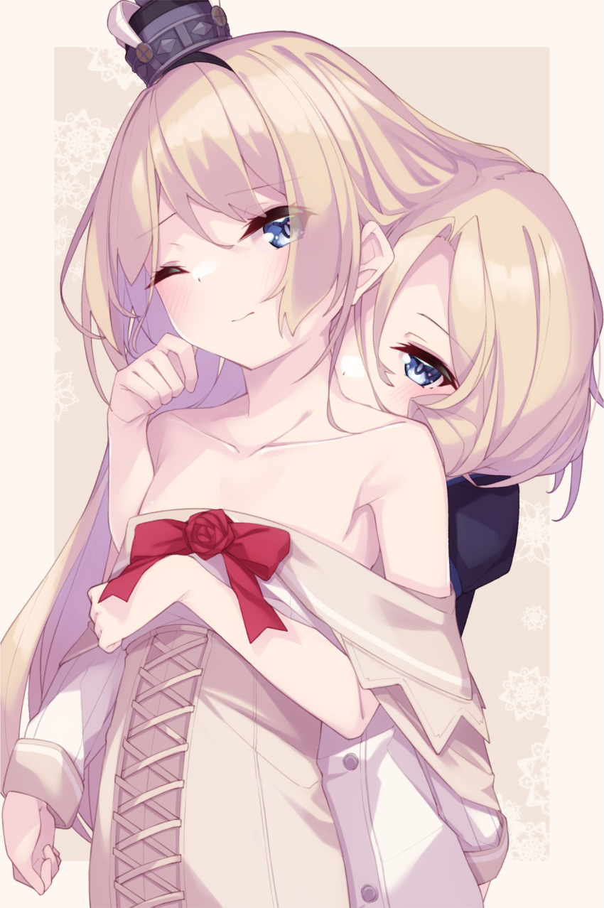 2girls black_hairband blonde_hair blue_eyes blush closed_mouth collarbone commentary_request cosplay crown dress hairband highres janus_(kancolle) jervis_(kancolle) kantai_collection long_hair long_sleeves mini_crown multiple_girls off-shoulder_dress off_shoulder one_eye_closed short_hair upper_body uut warspite_(kancolle) warspite_(kancolle)_(cosplay) white_dress yuri