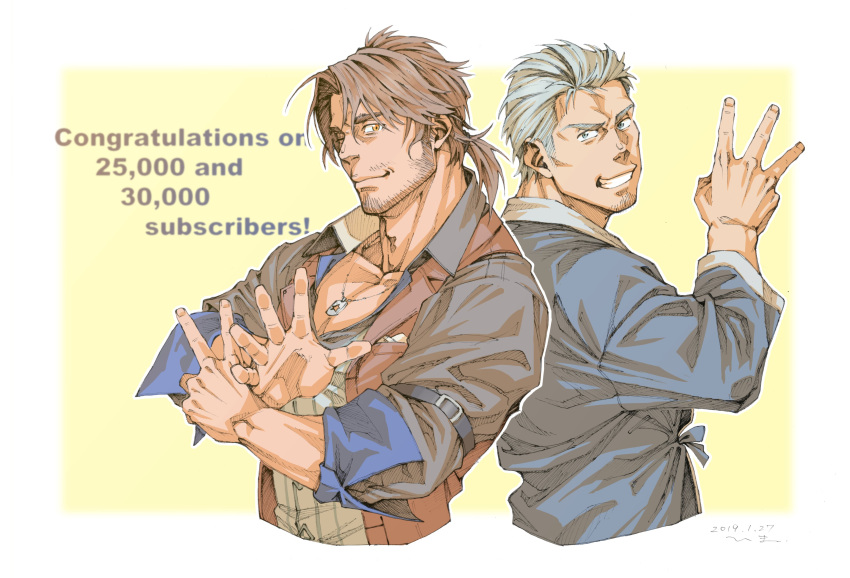 2boys ;) absurdres belmond_banderas black_shirt brown_background brown_eyes brown_hair brown_vest collarbone collared_shirt commentary_request congratulations cropped_torso facial_hair grey_eyes grey_hair grey_kimono grey_vest grin hand_up highres hima_(nichikan) japanese_clothes kimono long_sleeves looking_at_viewer looking_to_the_side low_ponytail maimoto_keisuke male_focus milestone_celebration multiple_boys nijisanji one_eye_closed ponytail shirt smile stubble two-tone_background upper_body v vest virtual_youtuber w white_background