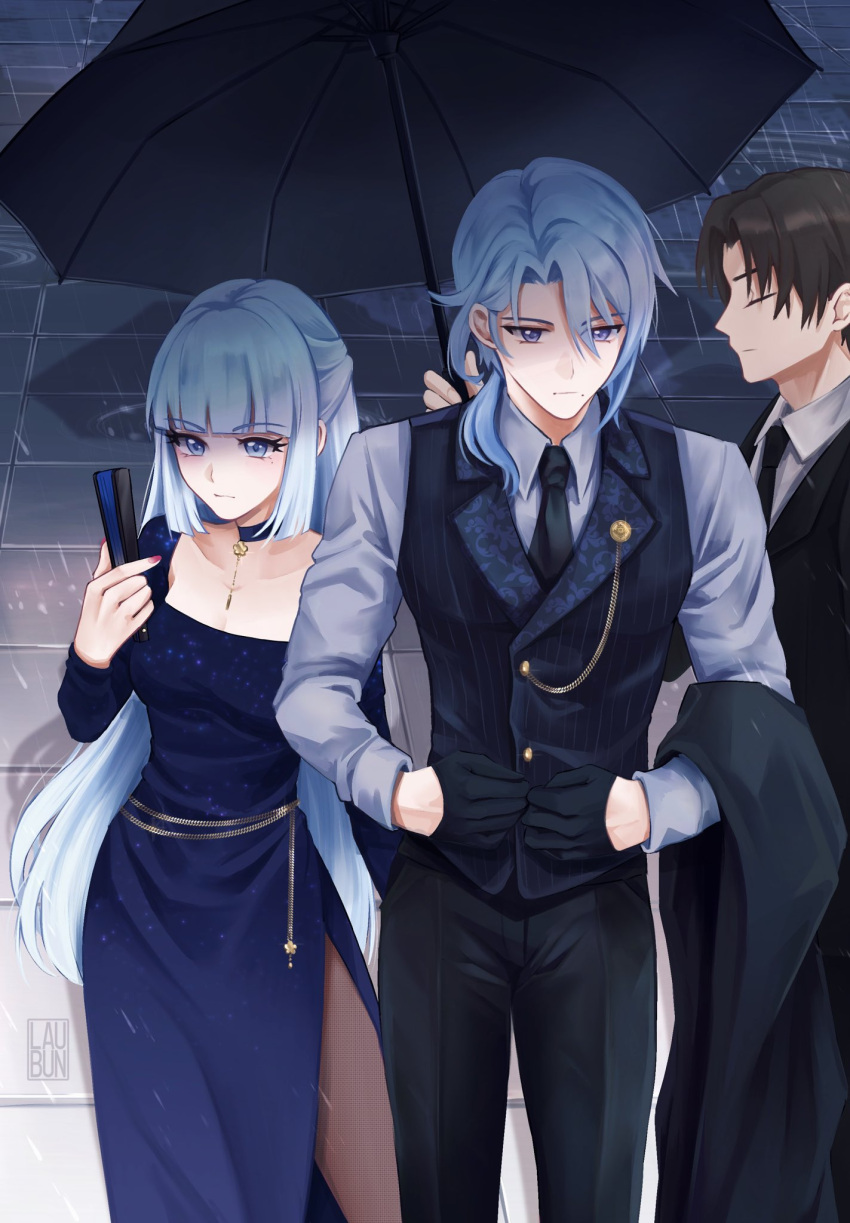 2boys alternate_costume black_gloves black_pants blonde_hair blue_dress blue_eyes brother_and_sister brown_hair choker closed_eyes dress female folded_fan folding_fan genshin_impact gloves hand_fan highres hime_cut jewelry kamisato_ayaka kamisato_ayato laubun long_hair long_sleeves mole mole_under_eye mole_under_mouth multiple_boys nail_polish necklace pants pantyhose pinstripe_pattern pinstripe_vest rain siblings striped tuxedo umbrella vest