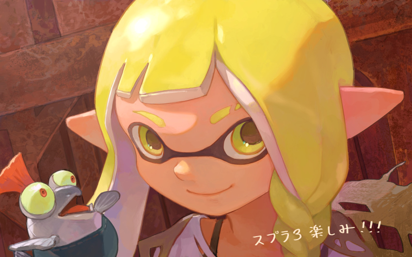 asymmetrical_hair ayakii blonde_hair blunt_bangs braid bulging_eyes closed_mouth colored_sclera eyebrow_cut female highres inkling inkling_girl inkling_player_character long_hair pointy_ears portrait salmonid single_braid single_tooth smallfry_(splatoon) smile splatoon_(series) splatoon_3 tentacle_hair torn_clothes yellow_eyes yellow_sclera