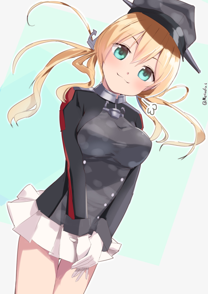 anchor_hair_ornament aqua_eyes blonde_hair camouflage cowboy_shot female hair_ornament hat highres kantai_collection long_hair metadio microskirt military military_uniform one-hour_drawing_challenge peaked_cap pleated_skirt prinz_eugen_(kancolle) prinz_eugen_kai_(kancolle) skirt smile solo twintails uniform white_skirt