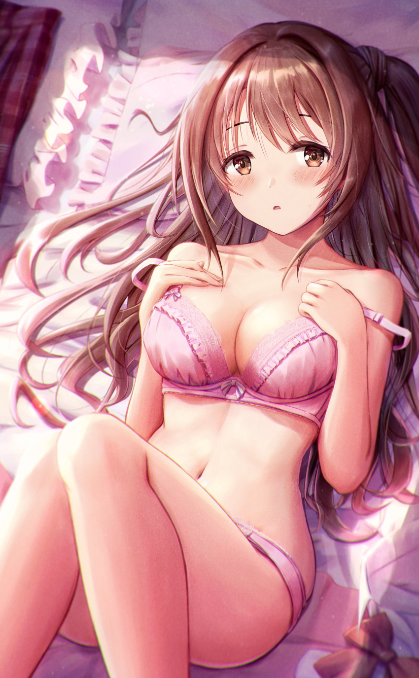 absurdres bare_shoulders bed_sheet blush bra breasts brown_eyes brown_hair collarbone female frilled_pillow frills hands_up head_on_pillow highres idolmaster idolmaster_cinderella_girls knees_up long_hair looking_at_viewer lying masuku_(saint_mask) medium_breasts navel on_back on_bed one_side_up panties parted_lips pillow pink_bra pink_panties shimamura_uzuki solo strap_slip sunlight thighs underwear underwear_only