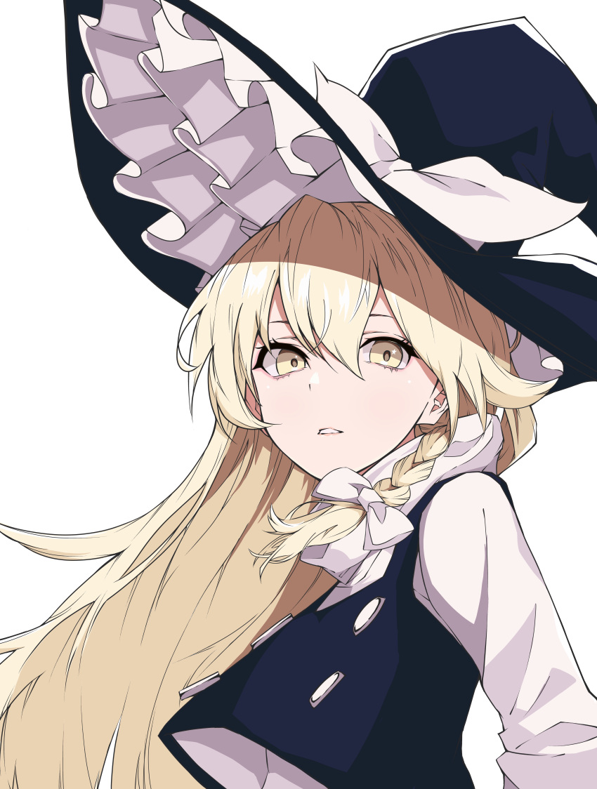 absurdres bad_id bad_pixiv_id black_hat blonde_hair bow braid buttons commentary female hair_between_eyes hair_ribbon hairbow hat hat_bow highres kawahara0527 kirisame_marisa long_hair looking_at_viewer parted_lips ribbon side_braid simple_background single_braid solo touhou tress_ribbon upper_body white_background white_bow witch_hat yellow_eyes