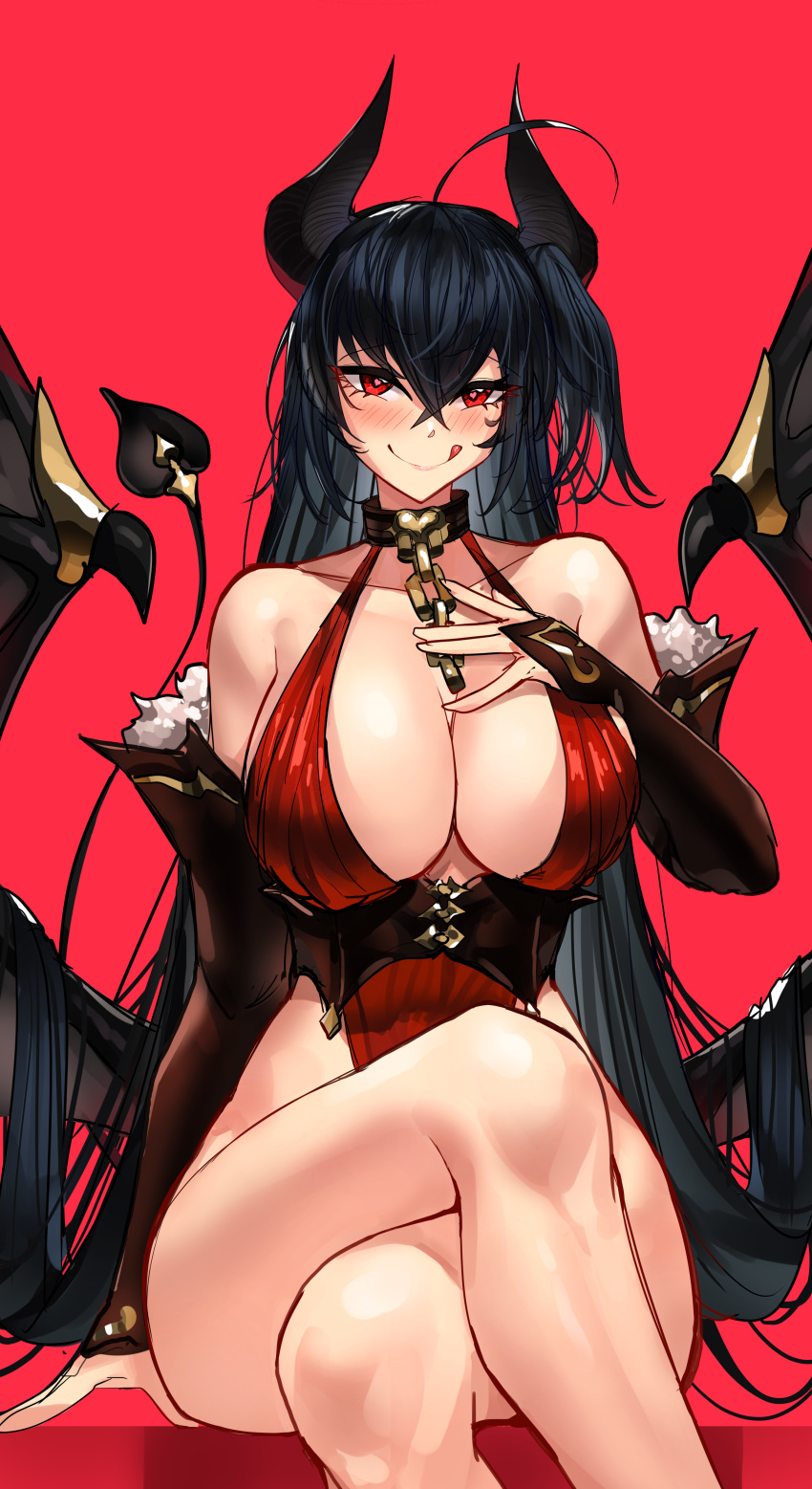 :q absurdres ahoge alternate_costume azur_lane bare_shoulders black_hair blush breasts casul chains cleavage collar collarbone commentary crossed_bangs crossed_legs demon_girl demon_horns demon_wings dress english_commentary female hair_between_eyes highres horns large_breasts long_hair looking_at_viewer one_side_up red_background red_dress red_eyes sidelocks sitting smile solo taihou_(azur_lane) tongue tongue_out wings