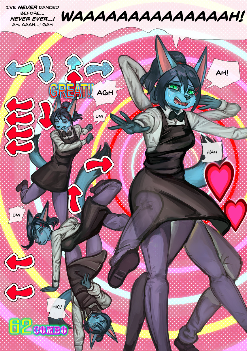 2000s_theme 2023 accuracy_judgement anthro bemani black_clothing black_dress black_hair blue_body blue_fur bodily_fluids bow_tie canid canine canis circle_background clothing combo corablue_(character) crying dance_dance_revolution dancing dialogue digital_media_(artwork) dress english_text female fur gameplay_mechanics general-irrelevant green_eyes hair heart_symbol hi_res jackal konami looking_at_viewer mammal on_one_leg open_mouth rhythm_game solo standing tail tears text y2k_(graphic_design)