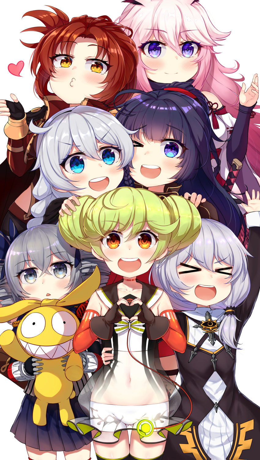 >_< 6+girls :d absurdres ai-chan_(honkai_impact) animal_ears arm_up bare_shoulders black_cape black_dress black_gloves blowing_kiss blue_eyes blue_shirt blue_skirt bow braid bronya_zaychik bronya_zaychik_(valkyrie_chariot) cape closed_mouth diaoxian_kuangmo doll double_bun dress drill_hair elbow_gloves fingerless_gloves fox_ears gloves green_hair grey_eyes grey_hair hair_bun hairbow heart heart_hands highres holding holding_doll homu_(honkai_impact) honkai_(series) honkai_impact_3rd jacket japanese_clothes katana kiana_kaslana kiana_kaslana_(valkyrie_ranger) long_hair long_sleeves looking_at_viewer miko multiple_girls murata_himeko murata_himeko_(valkyrie_triumph) navel nun one_eye_closed open_mouth orange_eyes pink_hair ponytail purple_eyes purple_hair raiden_mei raiden_mei_(valkyrie_bladestrike) red_dress red_hair red_jacket see-through see-through_dress sheath sheathed shirt shorts simple_background skirt sleeveless sleeveless_dress smile sword theresa_apocalypse theresa_apocalypse_(valkyrie_pledge) twin_braids twin_drills v-shaped_eyebrows weapon white_background white_hair white_shorts yae_sakura yae_sakura_(gyakushinn_miko) yellow_eyes