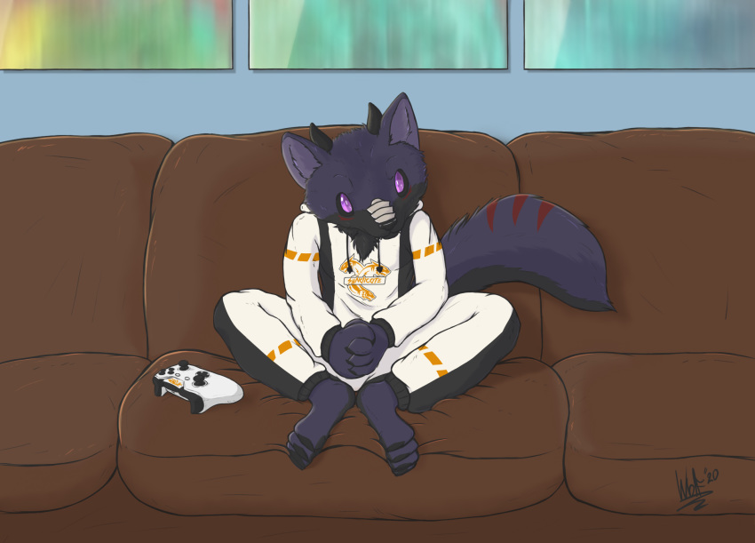 2020 ambiguous_gender anthro black_body black_fur black_horn black_nose canid canine canis claws clothing colored controller demon detailed_background fluffy fur furniture hi_res horn looking_at_viewer mammal markings photo purple_body purple_eyes purple_fur shadow signature sitting smile sofa solo teeth wolf wolfarion wolfarion_(character) young