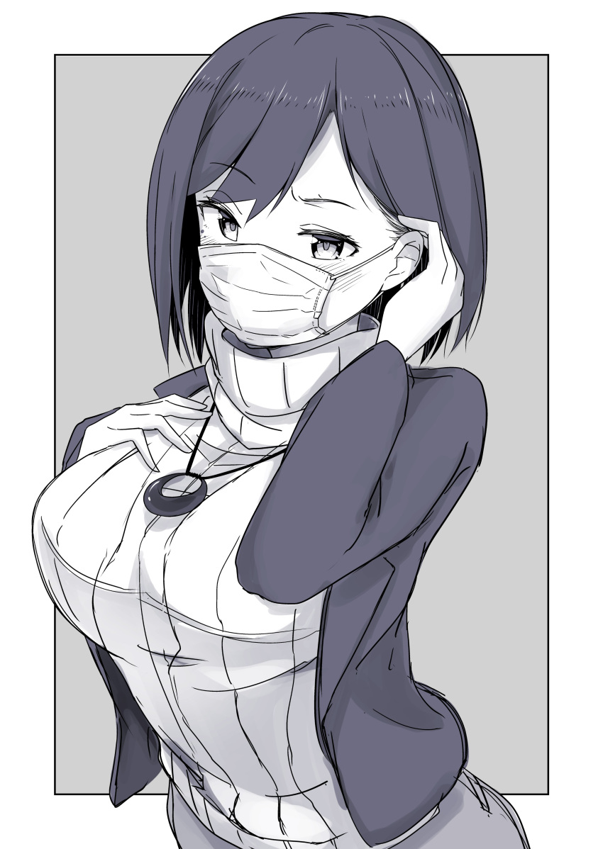 absurdres adjusting_hair blazer blue_hair blush breasts commentary_request female hand_on_own_chest highres jacket jewelry large_breasts looking_at_viewer mask monochrome mouth_mask nijisanji pendant shizuka_rin short_hair solo surgical_mask sweater taketatetakeya turtleneck turtleneck_sweater virtual_youtuber