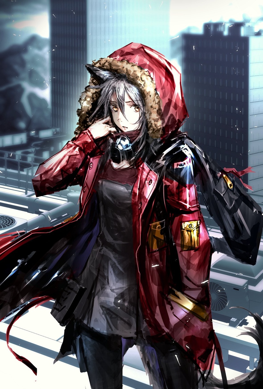 arknights black_legwear building city cityscape coat coat_stash female fur-trimmed_coat fur-trimmed_hood fur_trim highres hood hood_up hooded_coat hooded_jacket jacket long_sleeves looking_at_viewer nishioka_tomozou open_mouth outdoors projekt_red_(arknights) red_coat scenery solo wolf_girl yellow_eyes