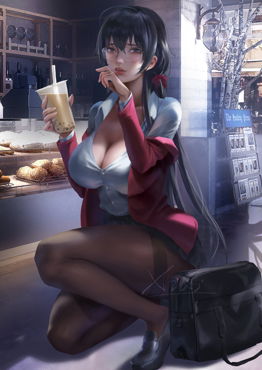 ahoge azur_lane bag bakery black_bag black_bow black_bowtie black_footwear black_skirt bow bowtie breasts brown_pantyhose bubble_tea cleavage collared_shirt crossed_bangs cup disposable_cup drink drinking_straw female highres holding holding_cup holding_drink huge_ahoge indoors jacket large_breasts lips long_hair looking_at_viewer loose_bowtie miniskirt nose off_shoulder official_alternate_costume open_clothes open_jacket pantyhose partially_unbuttoned pleated_skirt realistic red_eyes red_jacket round_eyewear school_bag shirt shirt_tucked_in shoes shop skirt solo taihou_(azur_lane) taihou_(sweet_time_after_school)_(azur_lane) taut_clothes taut_shirt thighband_pantyhose tree uniform very_long_hair white_shirt xixi_(xixihenlan_ing)