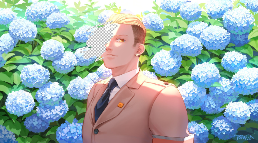 1boy black_necktie blonde_hair blue_flower brown_eyes brown_hair collared_shirt floral_background flower highres hydrangea male_focus marley_military_uniform necktie o3tofu pectorals porco_galliard shingeki_no_kyojin shirt short_hair sideburns solo spoilers symbolism undershirt upper_body