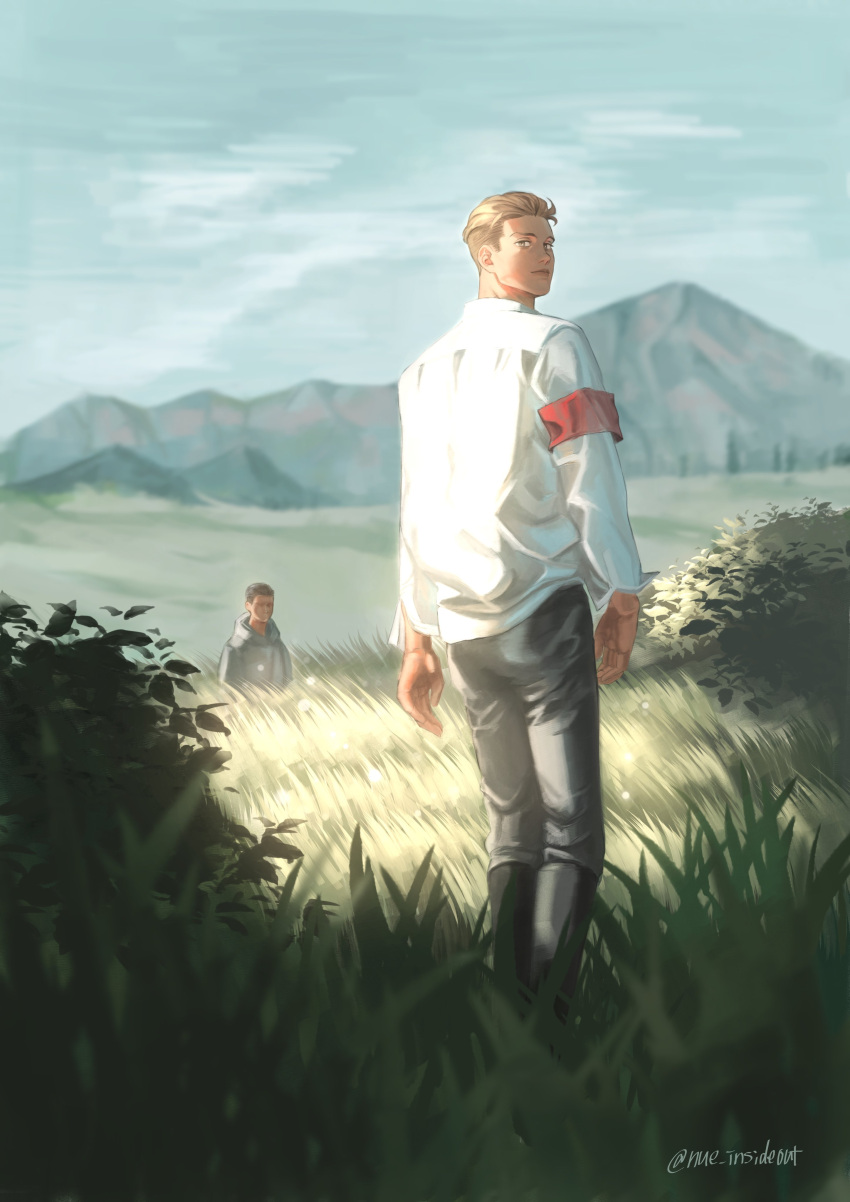 2boys absurdres armband black_pants brothers brown_eyes brown_hair full_body grass highres kogu_(nue_insideout) looking_at_viewer male_focus marcel_galliard mountain multiple_boys outdoors pants porco_galliard shingeki_no_kyojin short_hair siblings smile spoilers symbolism walking