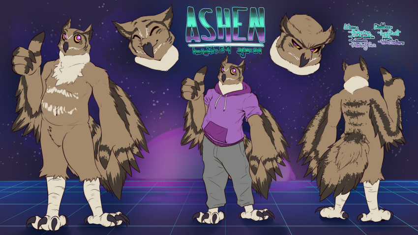 16:9 abstract_background absurd_res anthro avian bird clothed clothing digital_media_(artwork) full-length_portrait fully_clothed hi_res male mendobear model_sheet nude off/on owl pink_eyes portrait solo standing widescreen