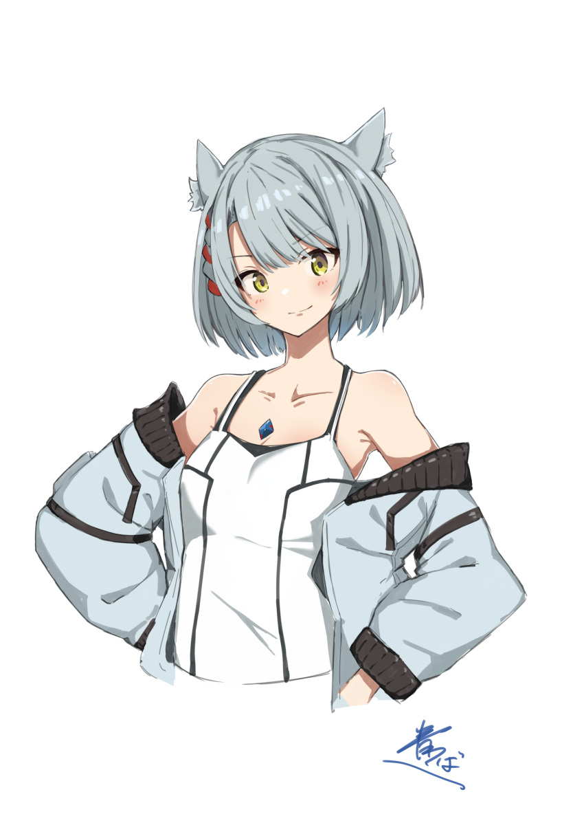 absurdres animal_ear_fluff animal_ears aotsuba bare_shoulders blush bob_cut camisole cat_ears cat_girl chest_jewel closed_mouth collarbone cropped_torso female flat_chest grey_hair grey_jacket highres jacket long_sleeves looking_at_viewer mio_(xenoblade) off_shoulder open_clothes open_jacket short_hair signature simple_background smile solo tank_top upper_body white_background white_tank_top xenoblade_chronicles_(series) xenoblade_chronicles_3 yellow_eyes