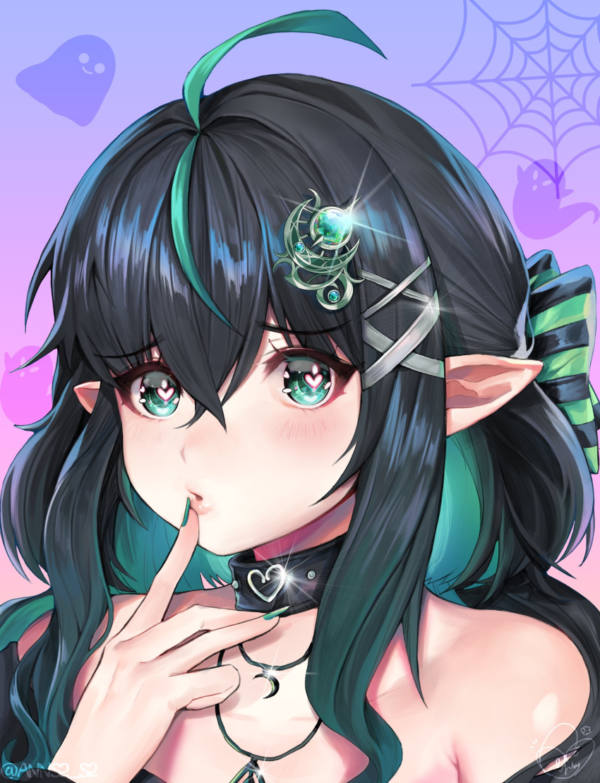 absurdres ahoge black_hair choker close-up demon_girl female gradient_hair green_eyes green_hair halloween highres korean_commentary multicolored_hair najjo nijisanji nijisanji_kr pointy_ears puckered_lips shin_yuya shin_yuya_(1st_costume) short_hair solo virtual_youtuber