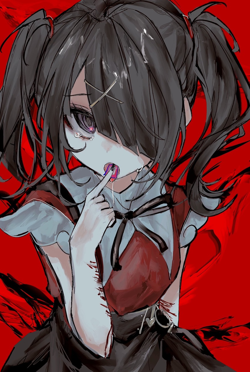 22_29 ame-chan_(needy_girl_overdose) bad_id bad_twitter_id black_hair black_nails blood brown_eyes crying drugs female hair_ornament hair_over_one_eye hairclip highres lsd needy_girl_overdose open_mouth red_background self-harm short_sleeves solo tears twintails wrist_cutting