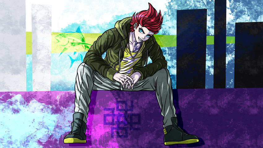 1boy absurdres angelstarxiii black_footwear blue_eyes grey_pants grin highres hood hood_down interlocked_fingers jacket jewelry long_sleeves looking_at_viewer male_focus necklace pants red_hair shirt shoes sitting smile solo taiga_(tribe_nine) tribe_nine tuna yellow_shirt