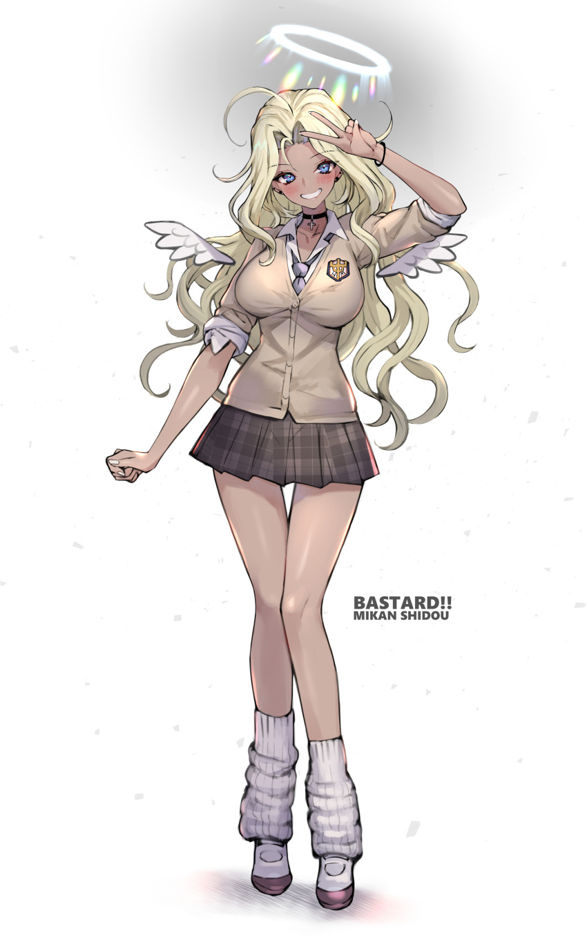 absurdres angel angel_wings artist_request bastard!! black_choker blonde_hair blue_eyes blush bracelet brown_skirt choker copyright_name earrings eyelashes female gyaru halo happy highres jewelry kogal leg_warmers long_hair looking_at_viewer michael_(bastard!!) necktie school_uniform shirt shoes simple_background skirt sleeves_rolled_up smile solo source_request standing v white_background white_legwear white_shirt wings