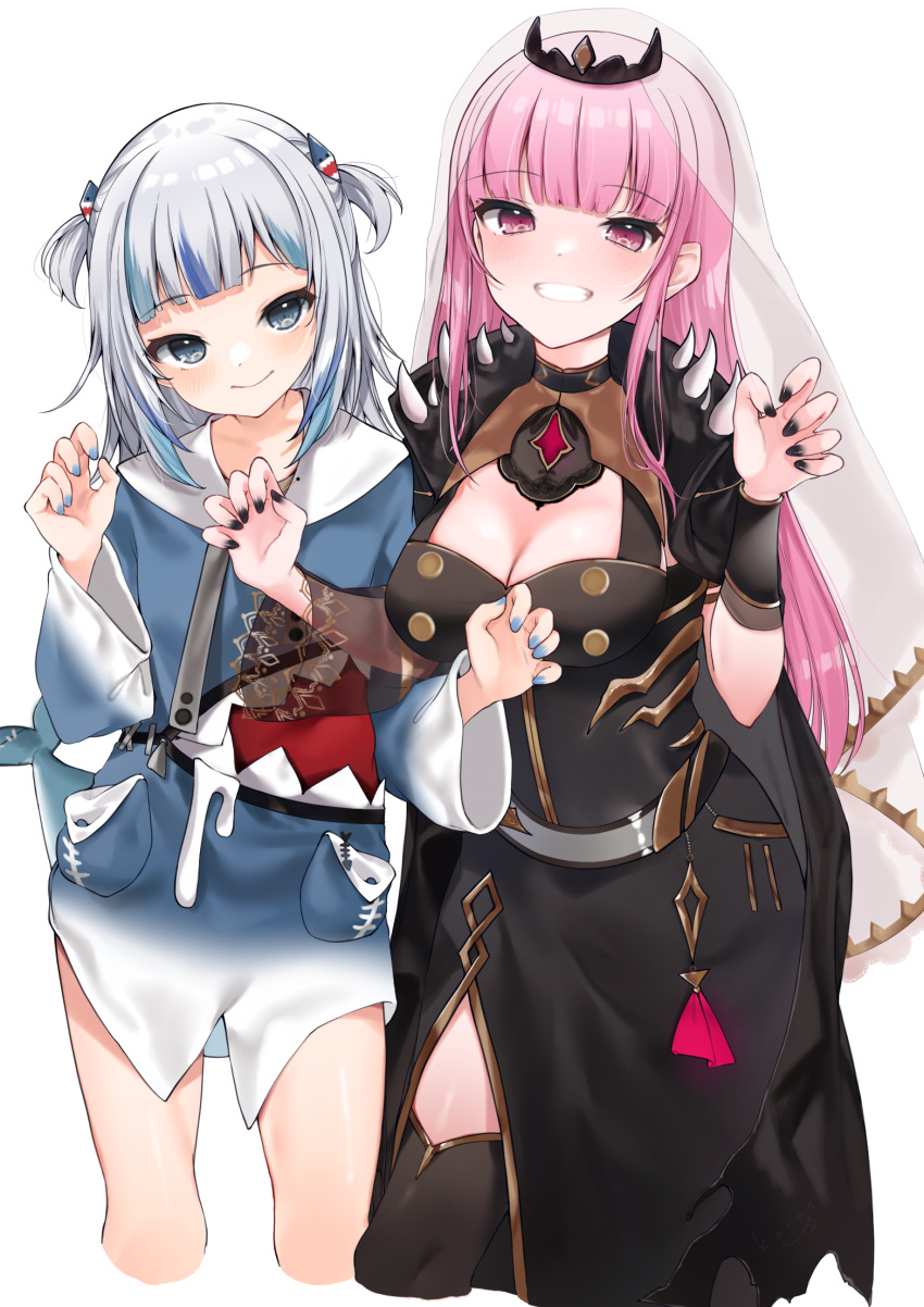 2girls black_dress black_nails black_thighhighs blue_eyes blue_hair blue_jacket blue_nails blunt_bangs breasts claw_pose cleavage clenched_teeth closed_mouth commentary dress gawr_gura gawr_gura_(1st_costume) grey_hair hair_ornament highres hololive hololive_english jacket kanae_(inorin05kanae) long_hair looking_at_viewer medium_breasts mori_calliope mori_calliope_(1st_costume) multicolored_hair multiple_girls nail_polish pink_eyes pink_hair smile teeth thighhighs thighs tiara two-tone_hair veil virtual_youtuber