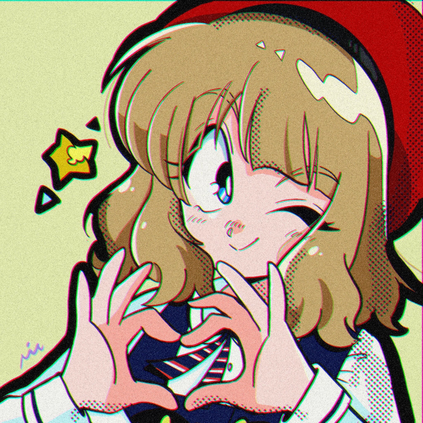 1990s_(style) blue_eyes brown_hair close-up elementary_schoolmate_(idolmaster) female hat heart heart_hands highres idolmaster idolmaster_million_live! idolmaster_million_live!_theater_days looking_to_the_side nui_inu one_eye_closed retro_artstyle solo star_(symbol) suou_momoko uniform_series_(idolmaster)