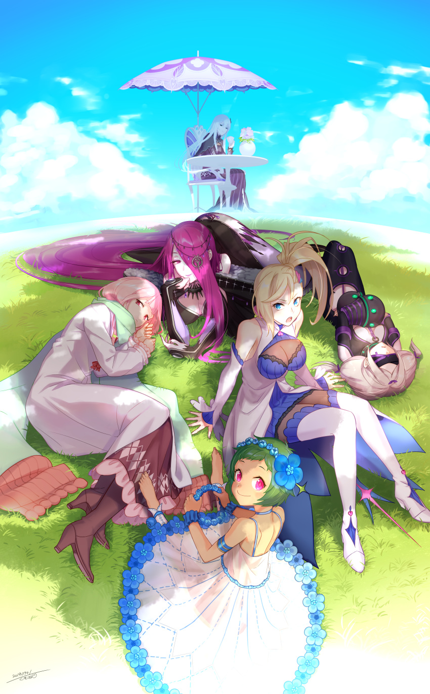 6+girls absurdres artist_name bare_shoulders barefoot black_dress blindfold blonde_hair blue_eyes blue_sky boots bound bound_legs breasts brown_footwear carmilla_(re:zero) chair choker cloud coat colored_eyelashes commentary_request covered_eyes cup daphne_(re:zero) dated day detached_sleeves dress dress_flower echidna_(re:zero) enpera expressionless fisheye flower flower_wreath from_above grass green_hair hair_flower hair_ornament hair_over_one_eye hairclip head_chain head_wreath high_heel_boots high_heels highres hill holding holding_cup jewelry kumuo_(mirakurufusao) legbinder light_brown_hair long_hair long_sleeves looking_at_viewer looking_back lying medium_breasts minerva_(re:zero) multiple_girls on_back on_grass on_side outdoors pantyhose pink_eyes pink_hair purple_hair re:zero_kara_hajimeru_isekai_seikatsu red_eyes restrained restraints scarf see-through sekhmet_(re:zero) short_hair side_ponytail signature sitting sky sleeveless sleeveless_dress smile spaghetti_strap table teacup thigh_boots thighhighs twintails typhon_(re:zero) umbrella vase very_long_hair white_coat white_dress white_footwear white_hair white_sleeves wrist_cuffs